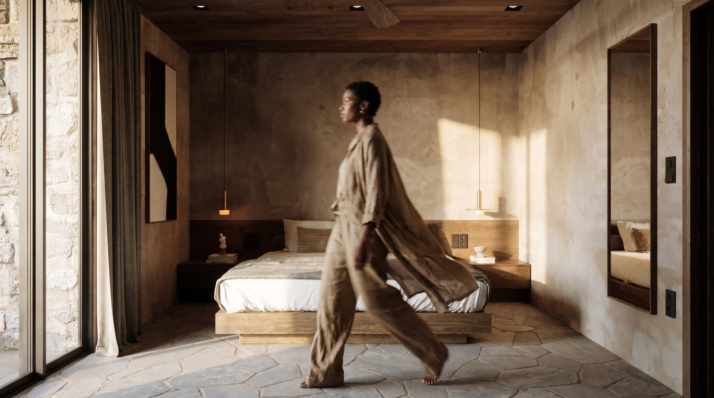 Bedroom in warm light: stone floor, plaster walls, timber ceiling and a low timber bed, the garden beyond the glass