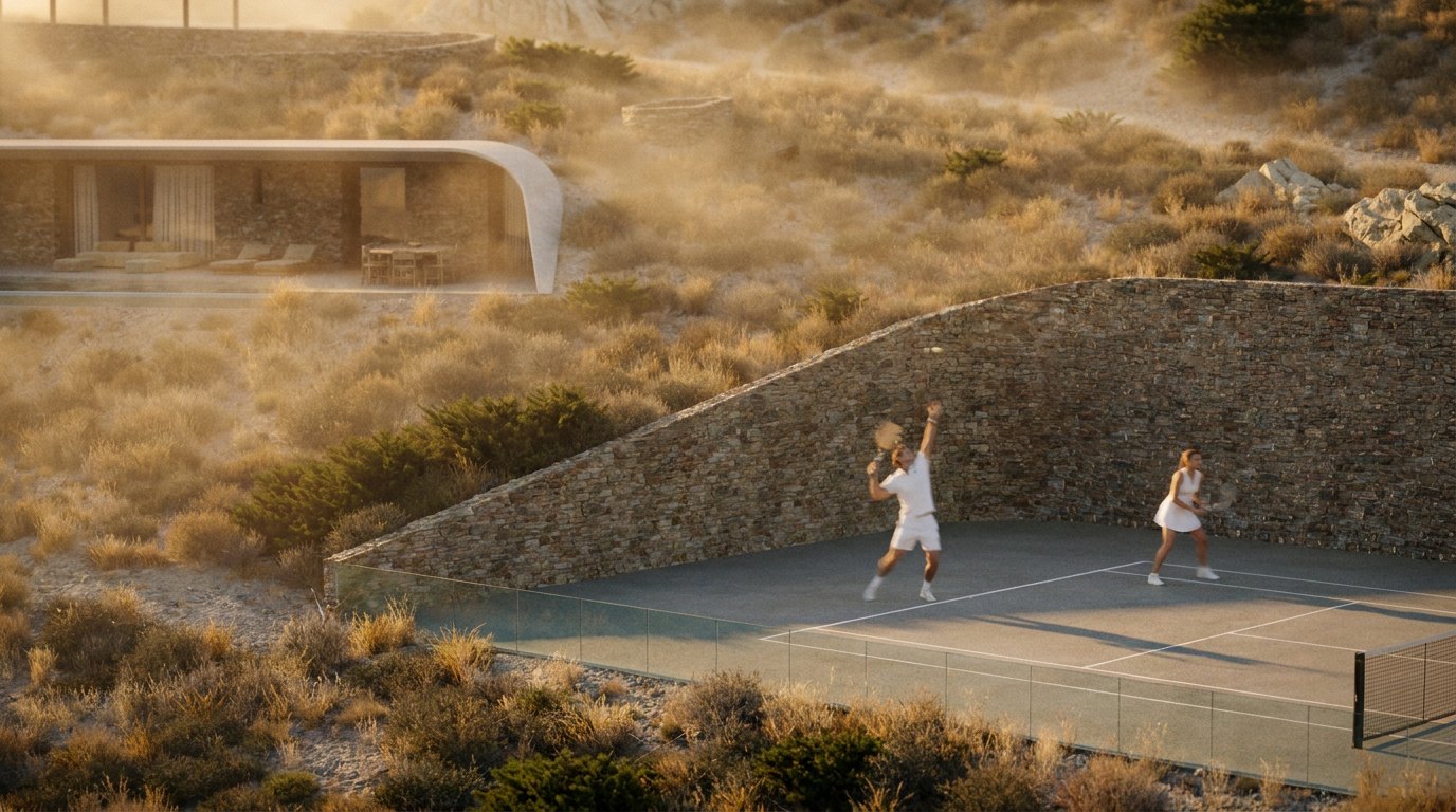 Tennis court below a dry-stone wall with a villa above