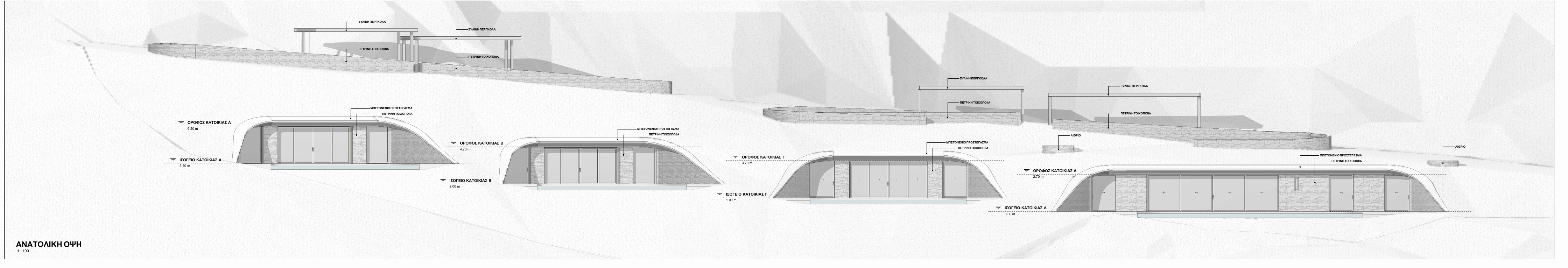 East elevation of the complex: Villas A, B, C and D set into the slope under curved roofs, with the parking pergolas along the road above