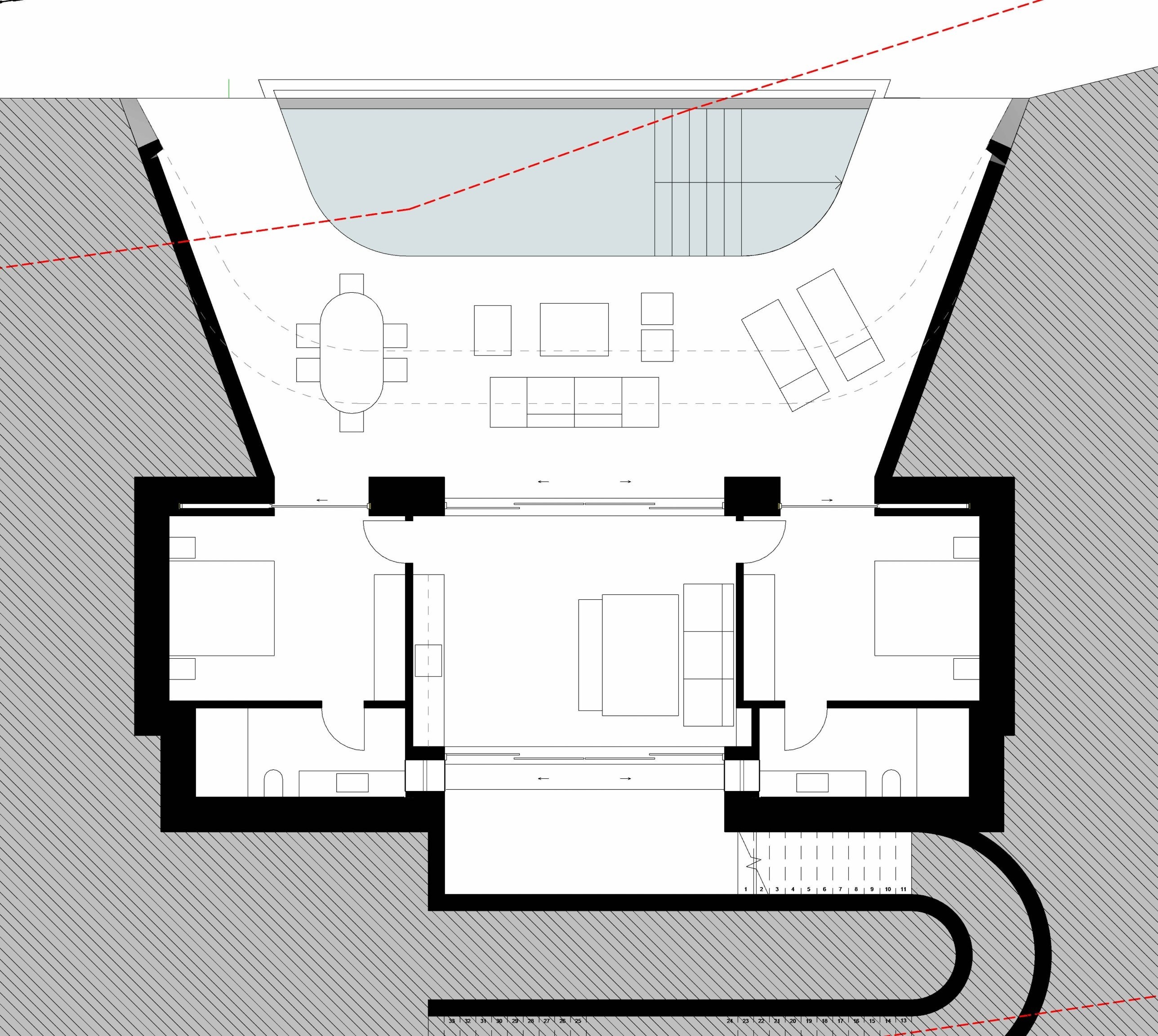Floor plan of Villa C: two bedroom suites with bathrooms either side of the living room and kitchen, terrace and pool in front, entrance and parking behind