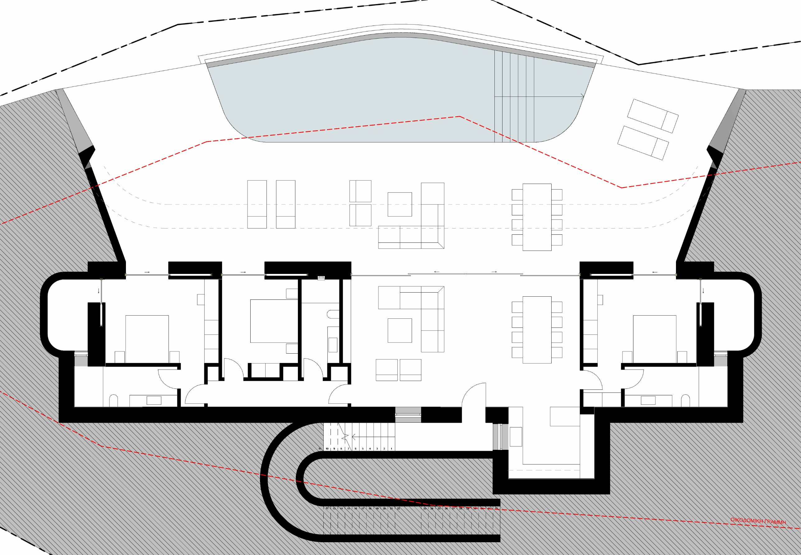 Floor plan of Villa D: three bedrooms each with a bathroom, a central living and dining room, kitchen beside the entrance, terrace and pool in front