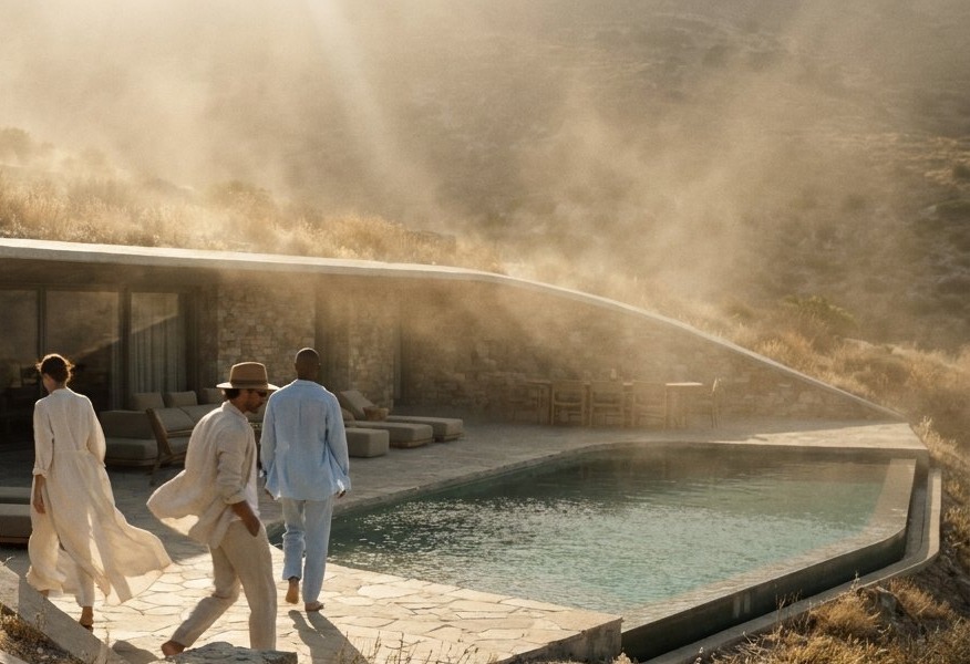 Guests arriving on a villa terrace in the late light