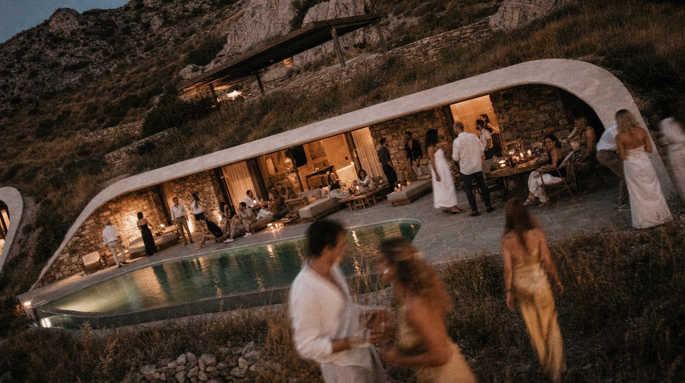 A villa terrace at dusk, lit beneath the curved roof, guests gathered by the pool