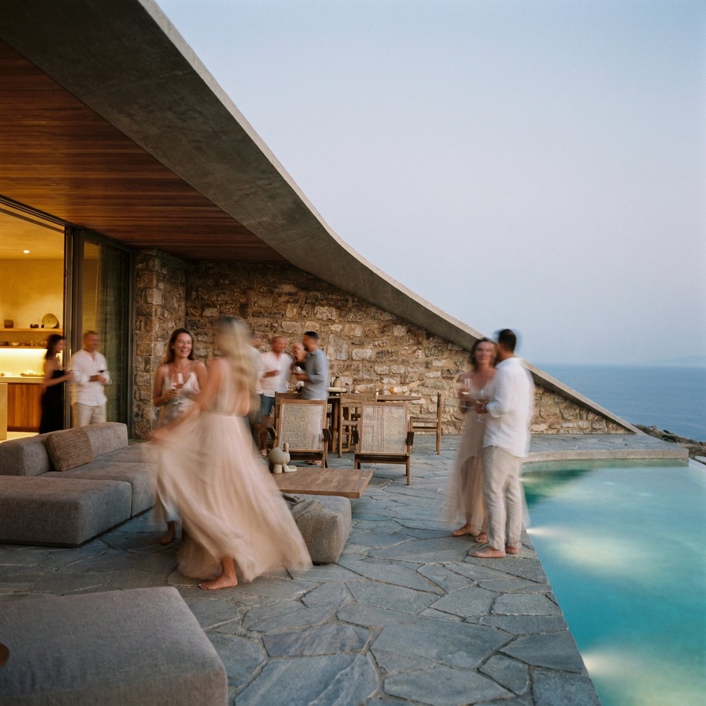 Dancing on the terrace by the pool at dusk