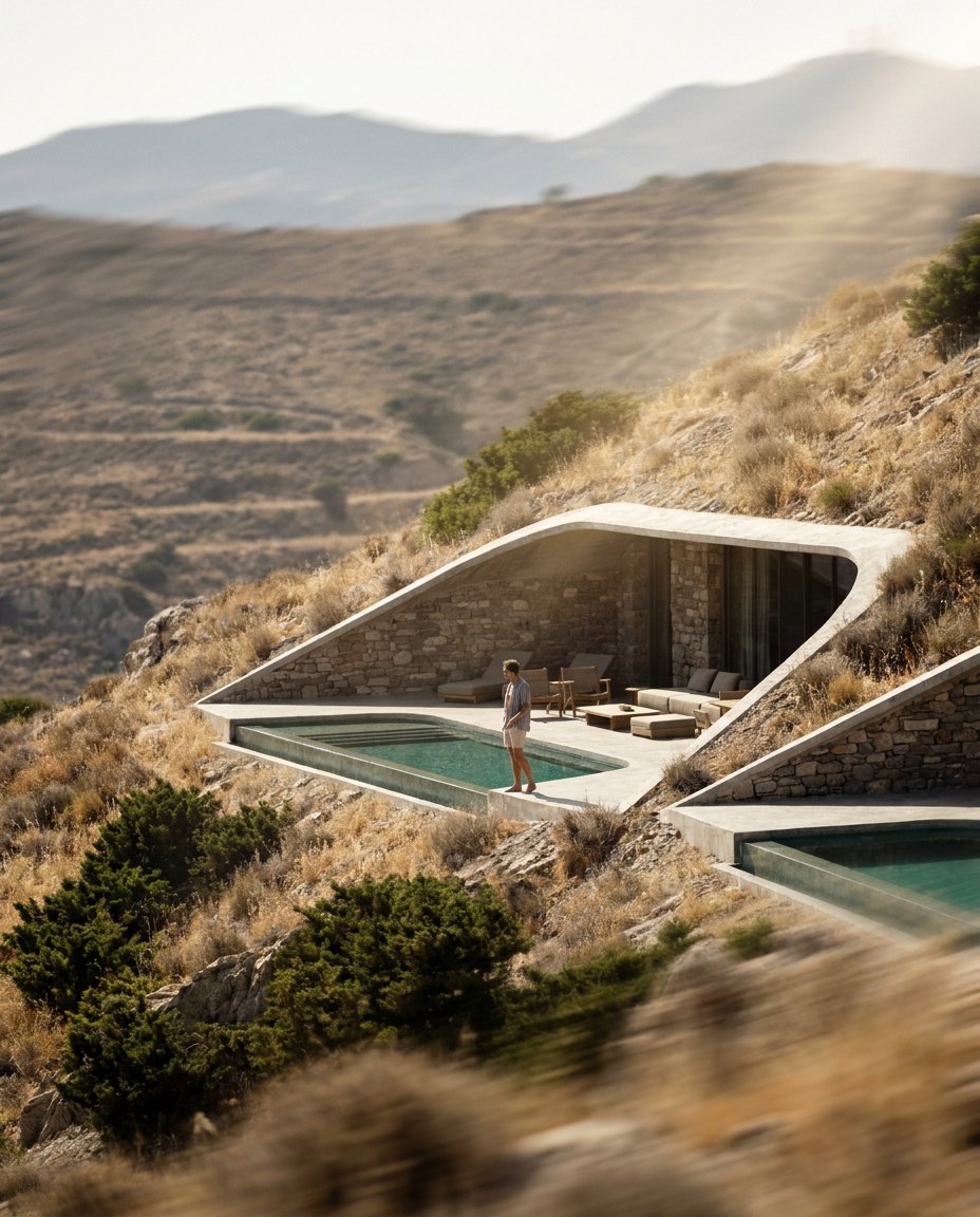 A villa terrace and pool above the valley, the next villa just below