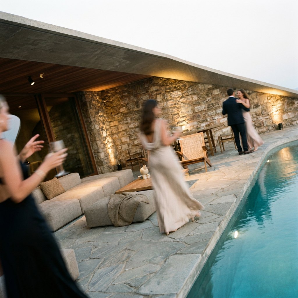 Guests on the stone terrace at night beside the pool