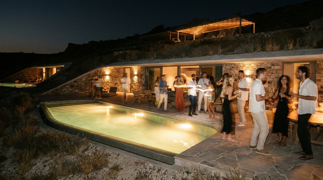 A party on a villa terrace at night, the pool lit and the stone facade glowing under the curved roof