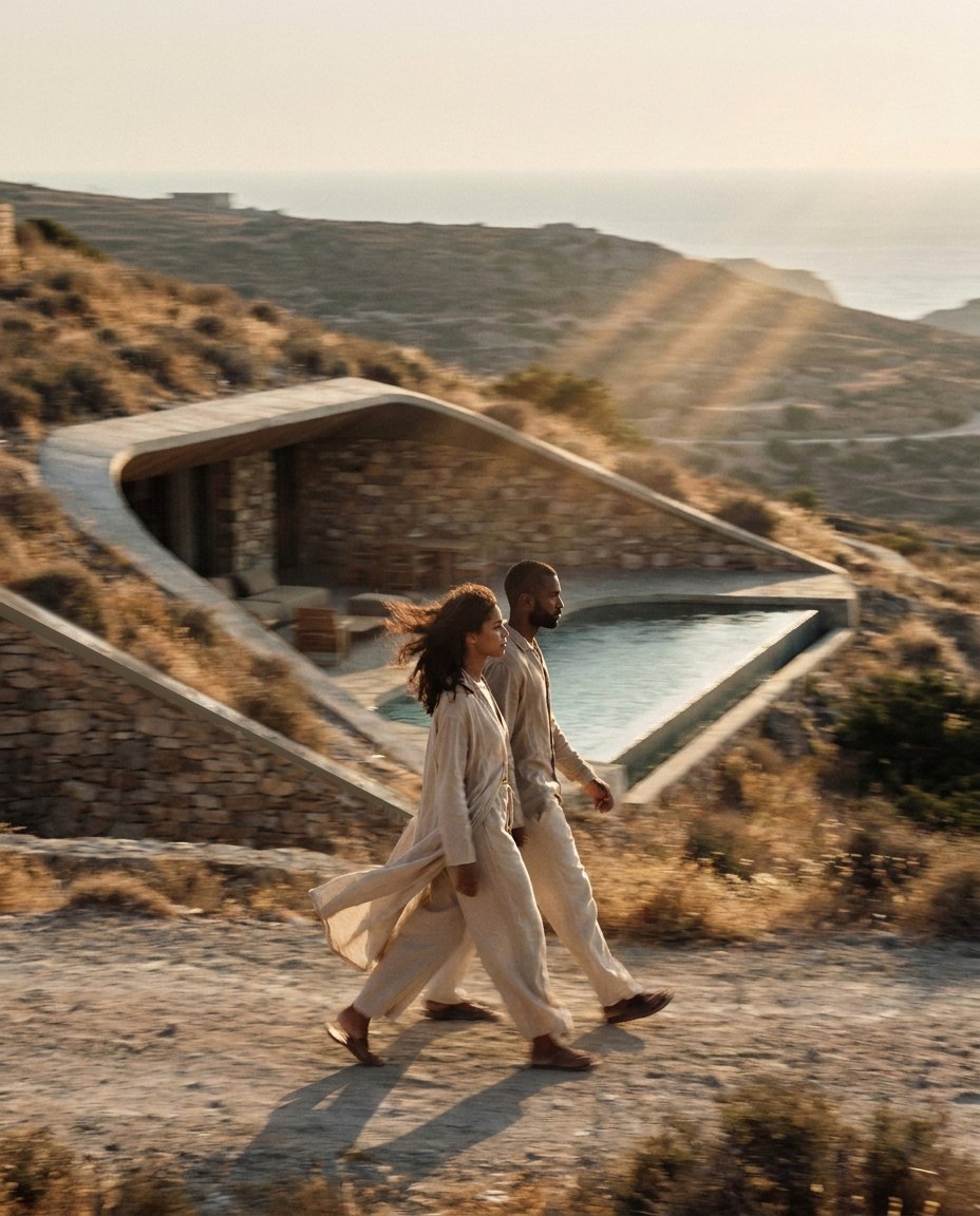 A couple walking the path past a villa and its pool