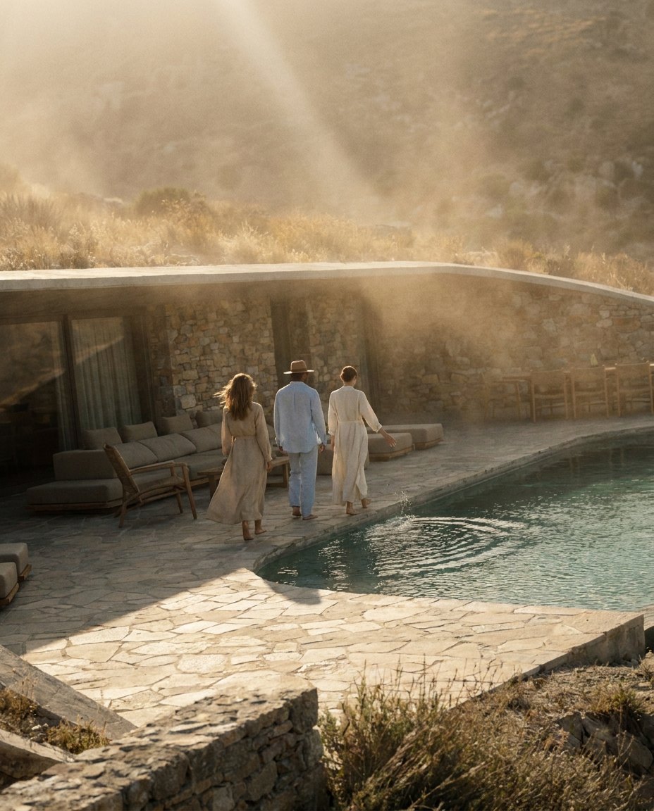 Guests by a pool at golden hour