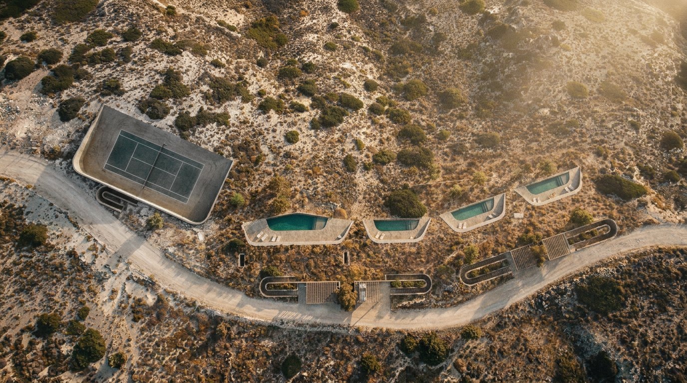 Top-down aerial of the four villas, pools, parking pergolas and tennis court
