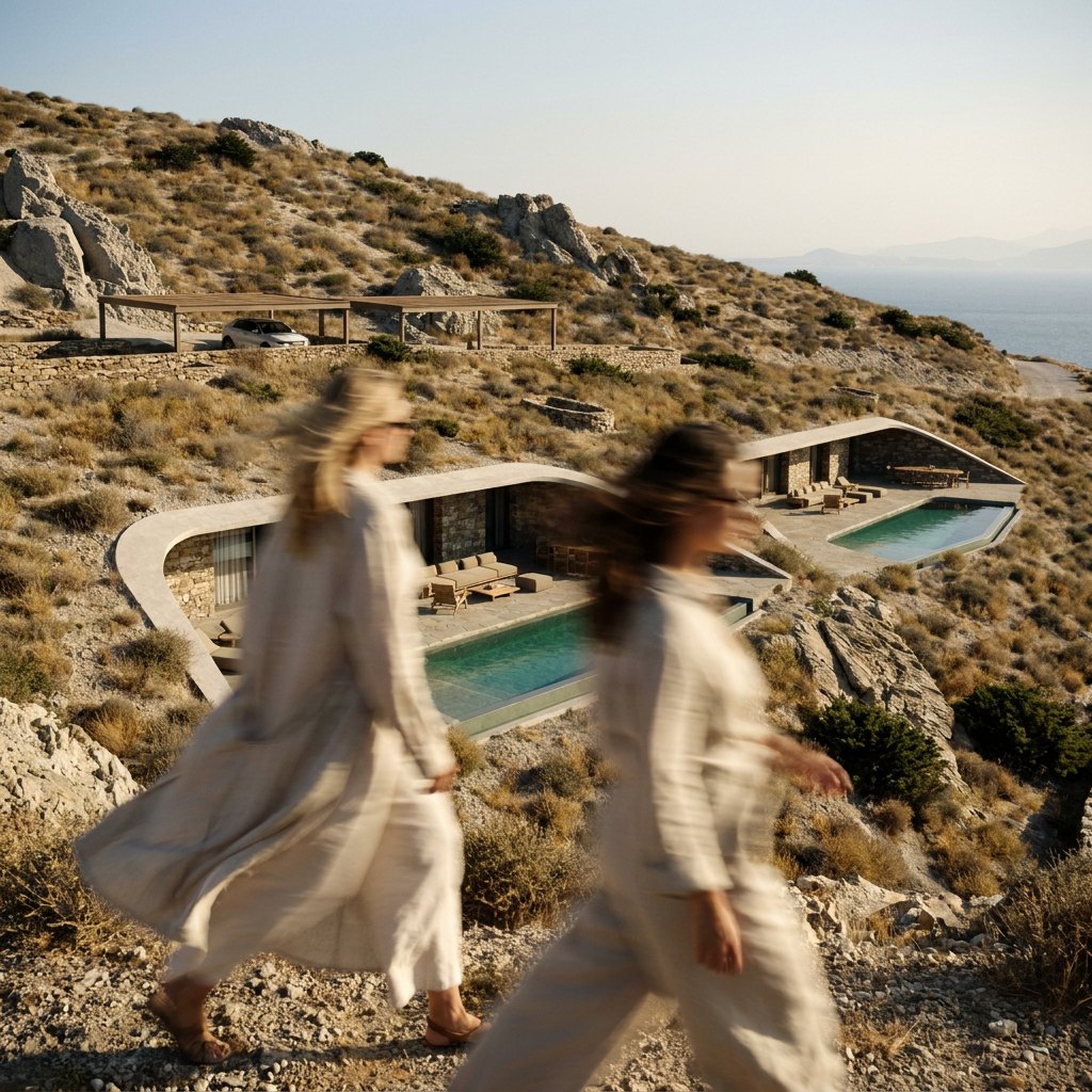 Two guests walking above the villas toward the pools
