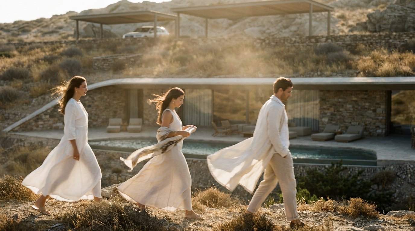 Three people walking past a residence, its stone facade under the curved roof