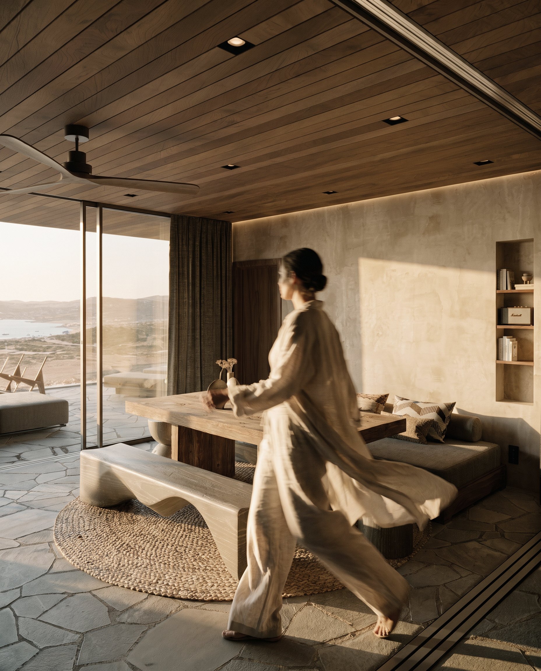 Living and dining room opening to the sea
