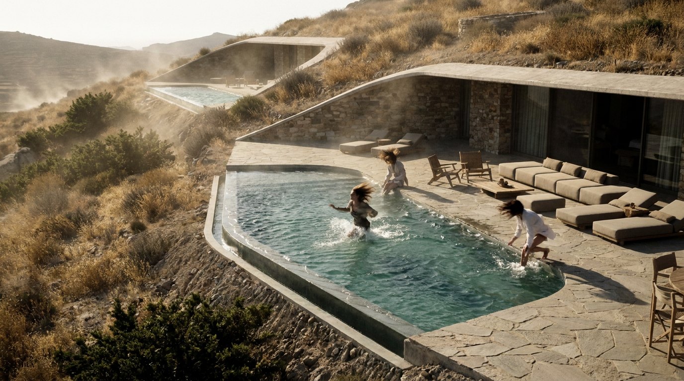 Children jumping into a private pool on the stone terrace