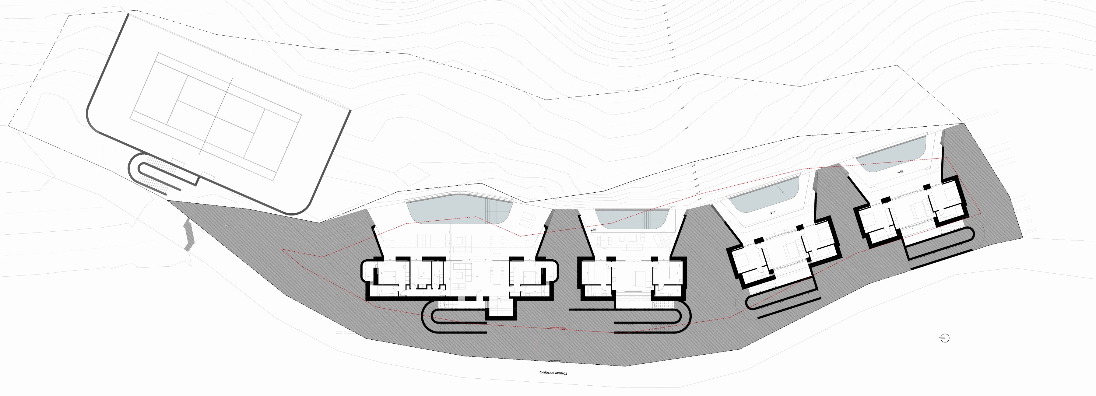 Site plan, 1:100: the tennis court at the west end, then Villas D, C, B and A along the slope, each with its pool facing the sea and parking toward the public road