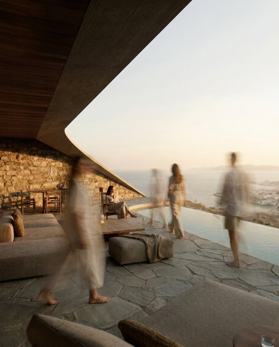 Covered terrace and infinity pool at sunset